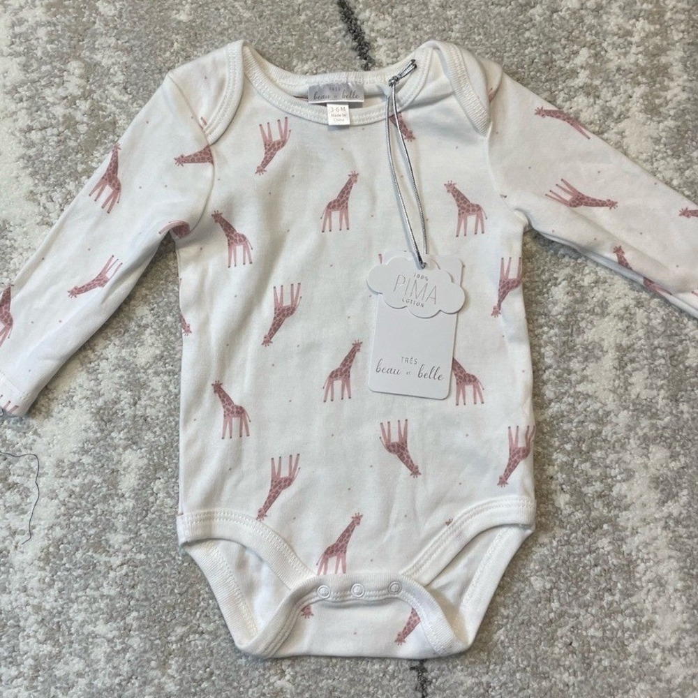 Tres Beau et Belle Pima Cotton Giraffe Bodysuit Long Sleeve Pink White‎ 3-6M NWT